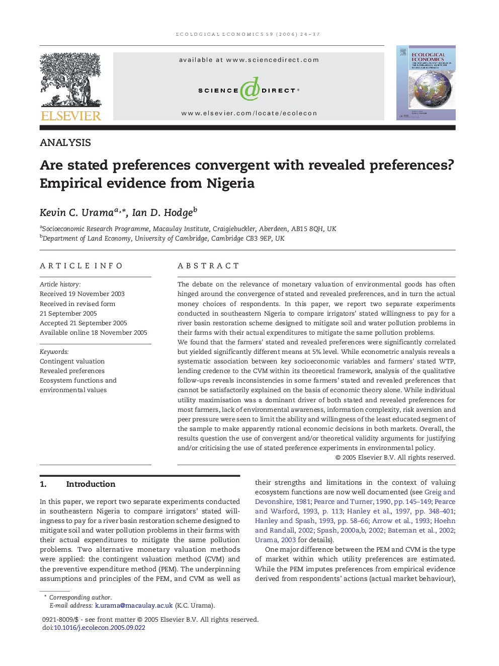 عکس صفحه اول مقاله: Are stated preferences convergent with revealed preferences? Empirical evidence from Nigeria Are stated preferences convergent with revealed preferences? Empirical evidence from Nigeria