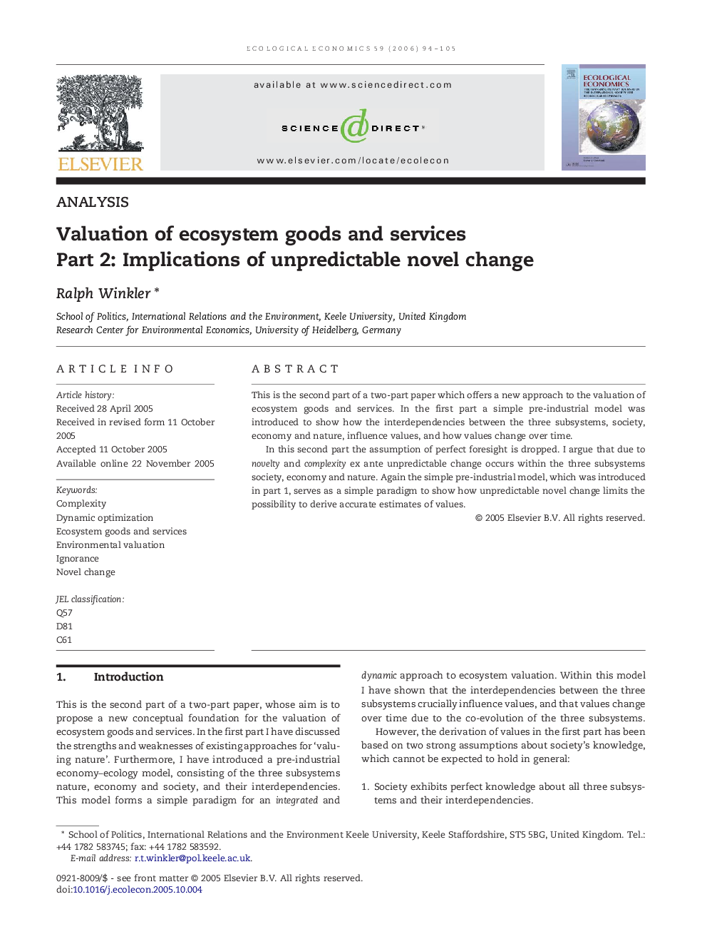 Valuation of ecosystem goods and services