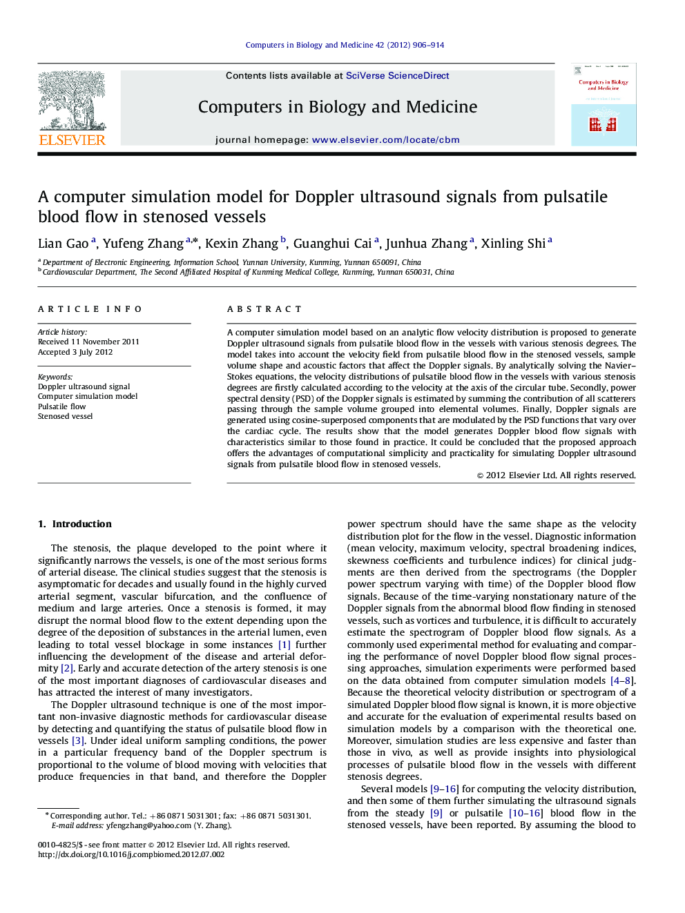 A computer simulation model for Doppler ultrasound signals from pulsatile blood flow in stenosed vessels