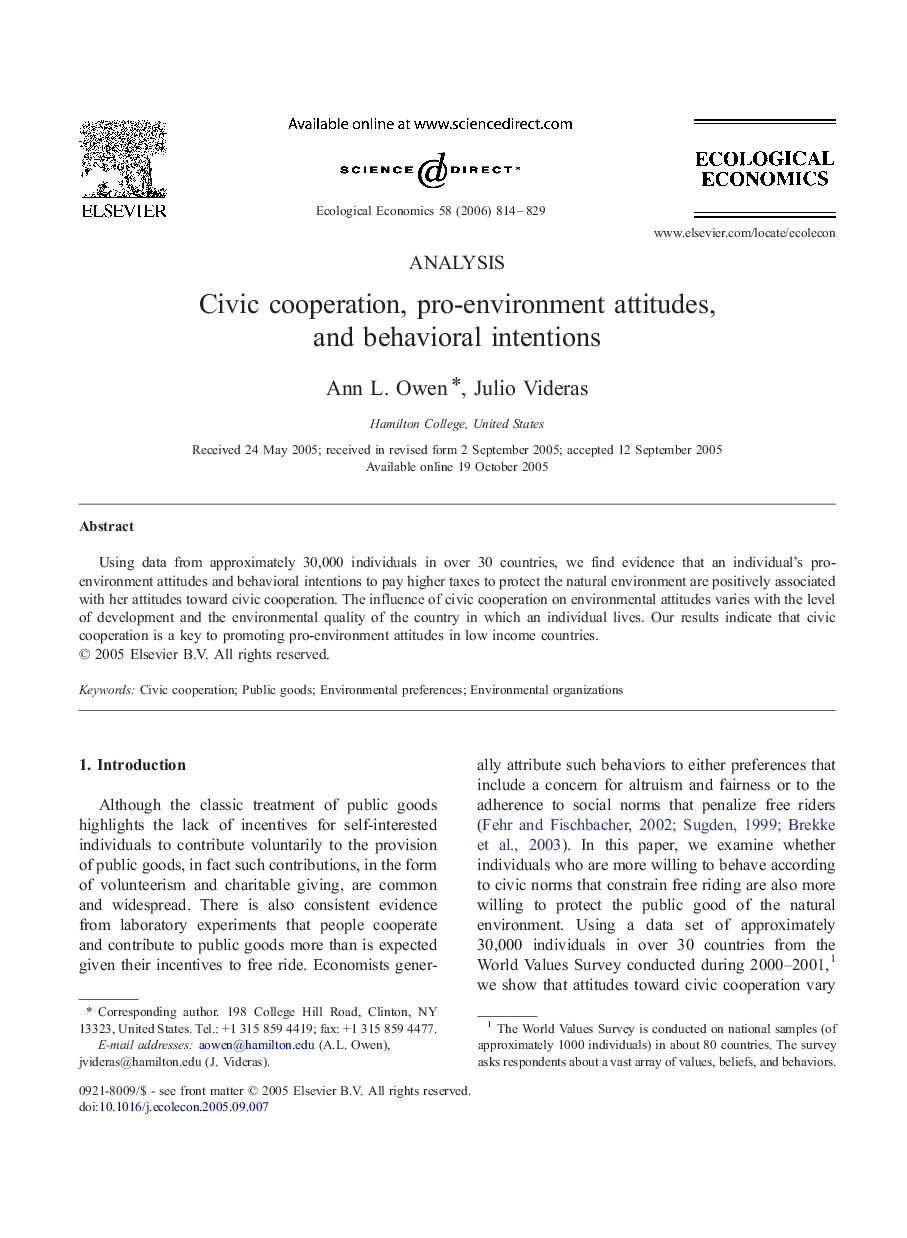 Civic cooperation, pro-environment attitudes, and behavioral intentions