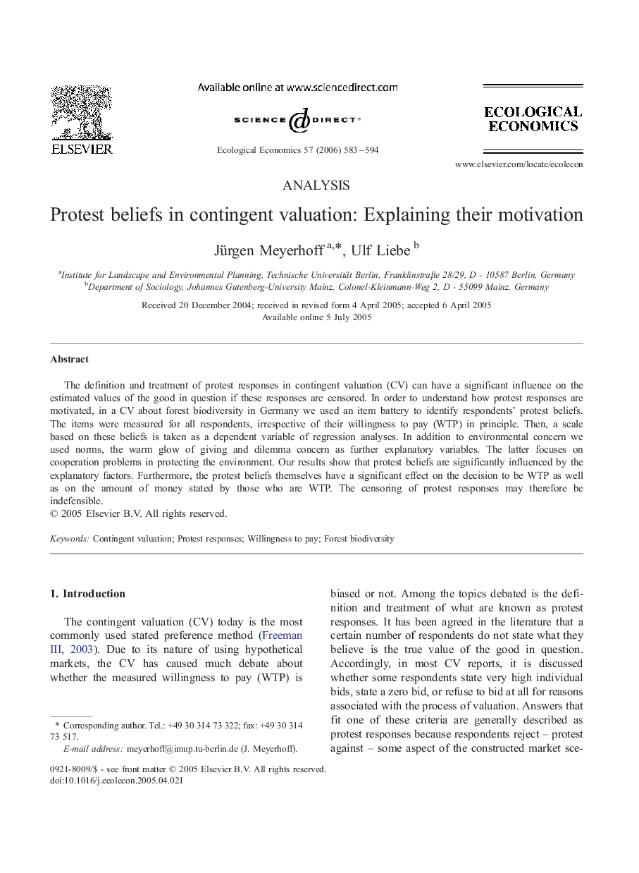 Protest beliefs in contingent valuation: Explaining their motivation