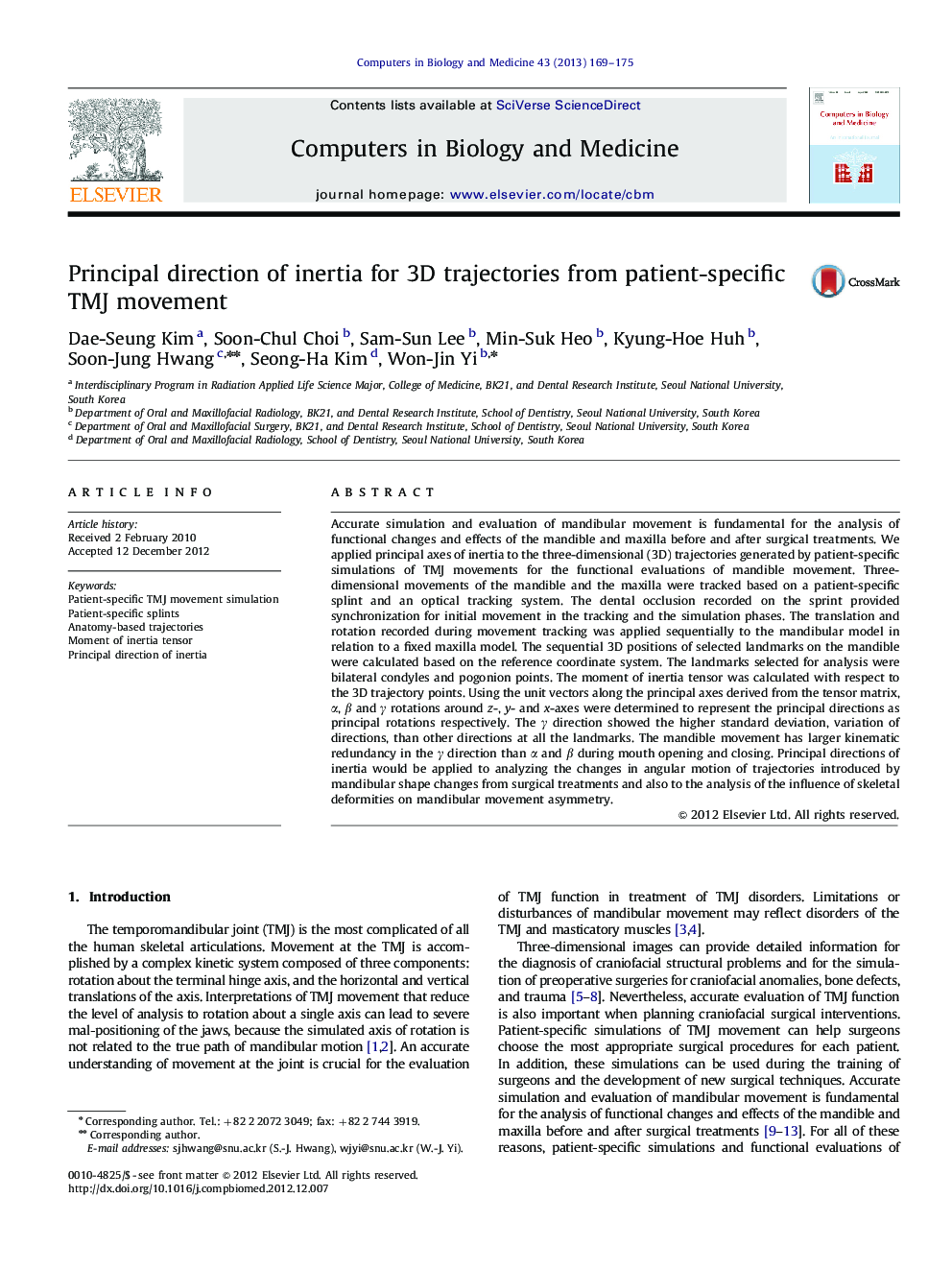 Principal direction of inertia for 3D trajectories from patient-specific TMJ movement