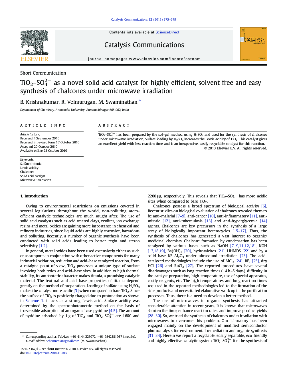 TiO2–SO42− as a novel solid acid catalyst for highly efficient, solvent free and easy synthesis of chalcones under microwave irradiation