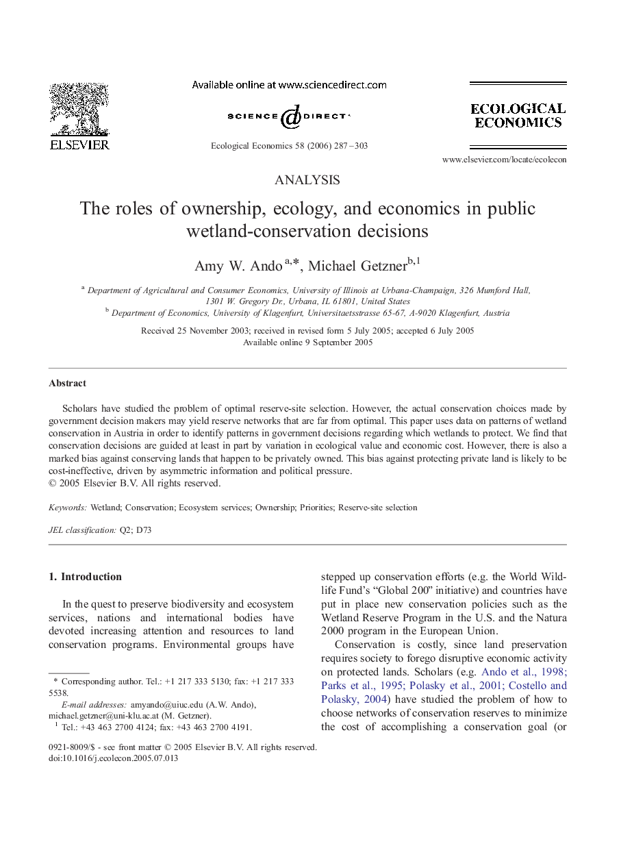 The roles of ownership, ecology, and economics in public wetland-conservation decisions