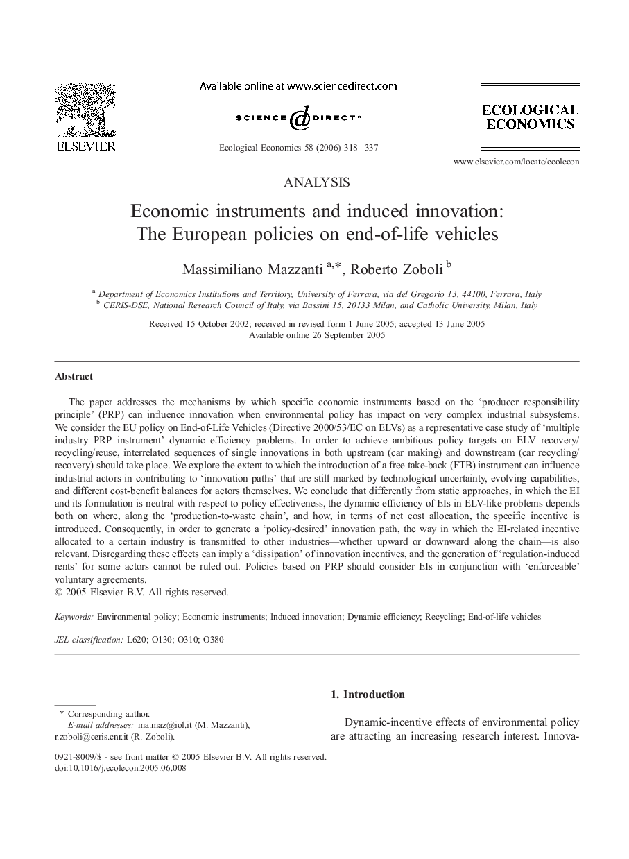 Economic instruments and induced innovation: The European policies on end-of-life vehicles