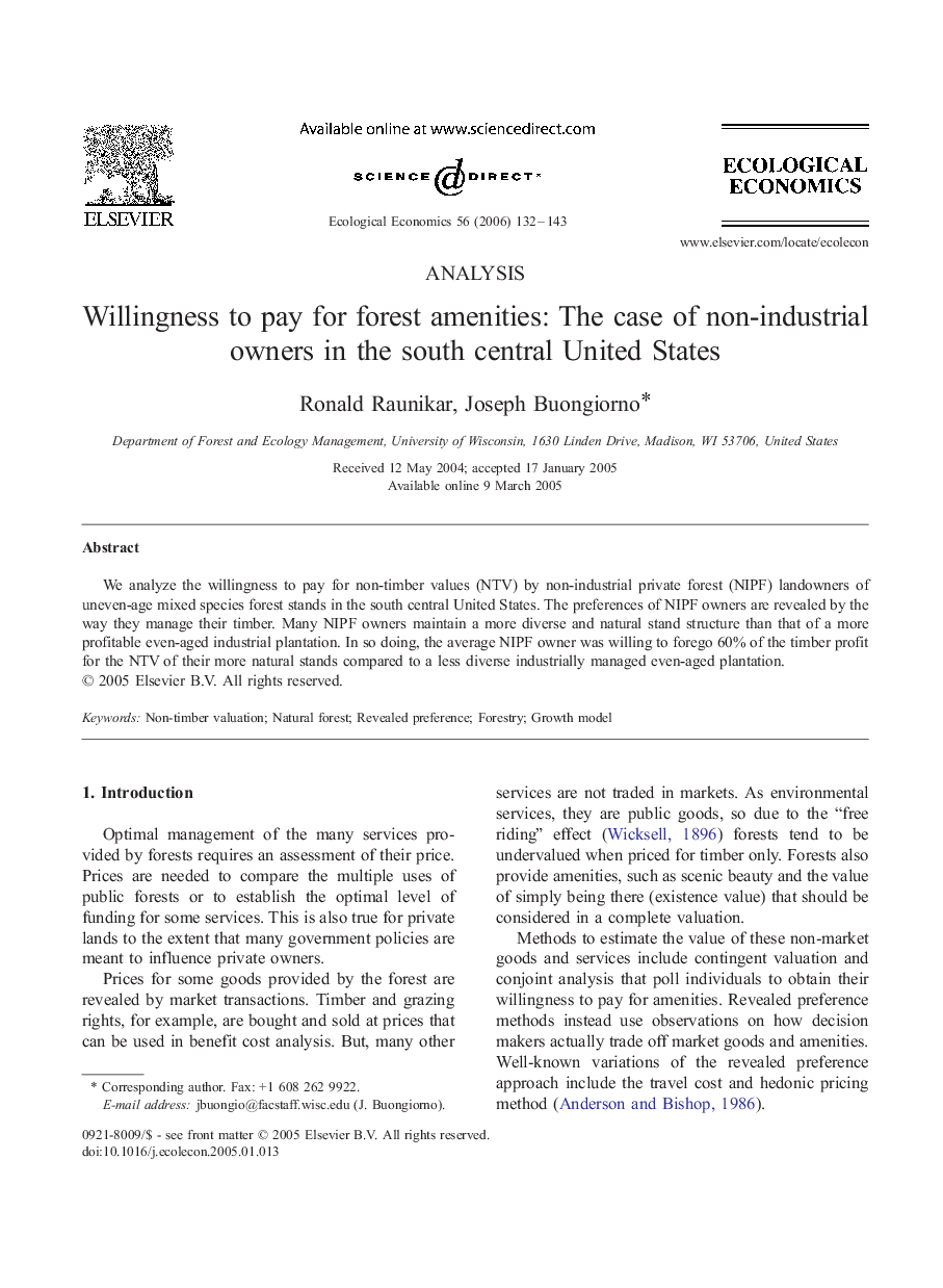 Willingness to pay for forest amenities: The case of non-industrial owners in the south central United States