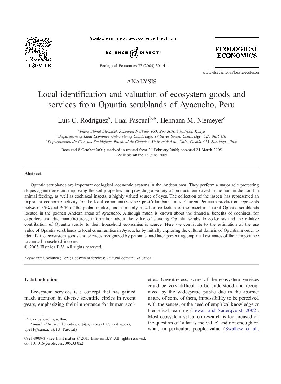 Local identification and valuation of ecosystem goods and services from Opuntia scrublands of Ayacucho, Peru
