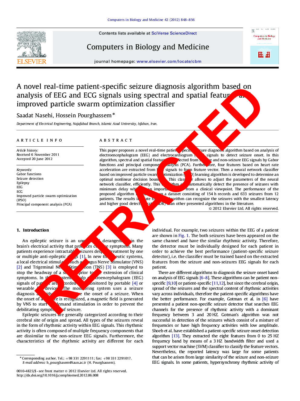 RETRACTED: A novel real-time patient-specific seizure diagnosis algorithm based on analysis of EEG and ECG signals using spectral and spatial features and improved particle swarm optimization classifier