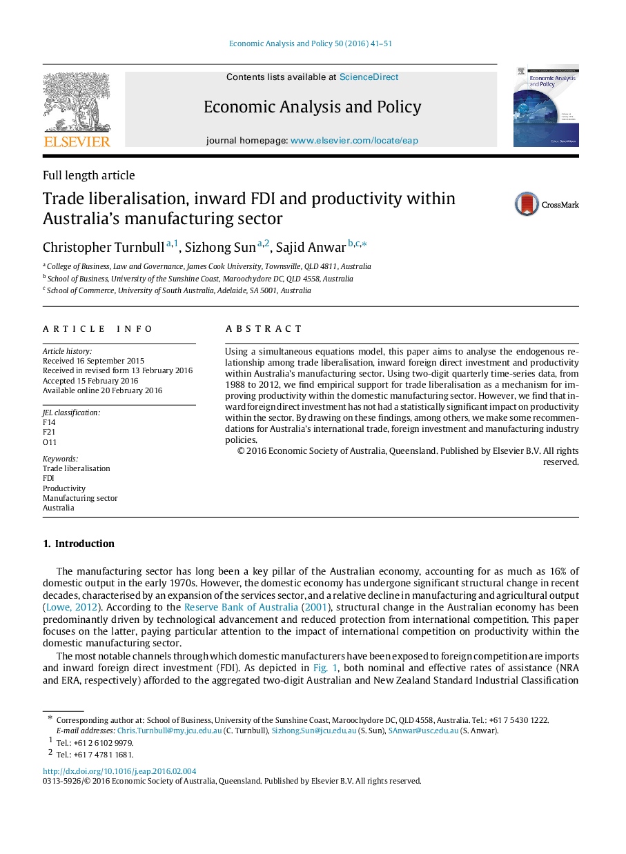 Trade liberalisation, inward FDI and productivity within Australia's manufacturing sector