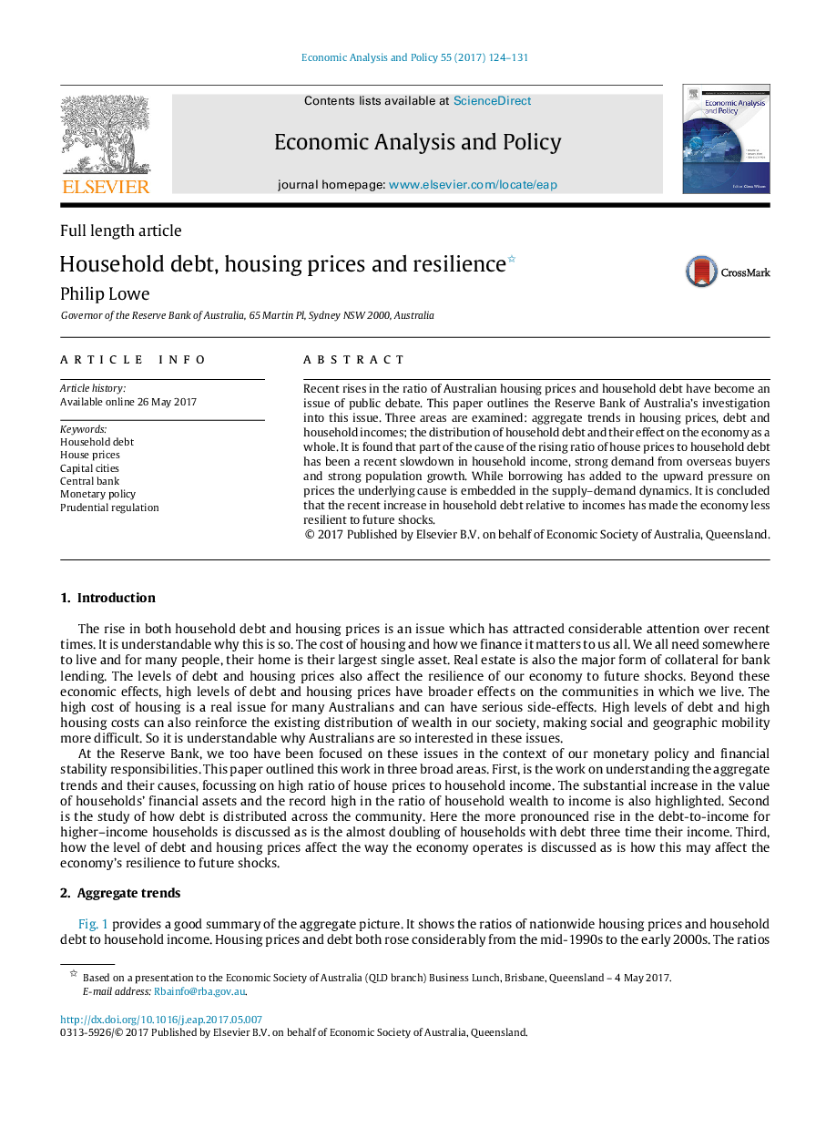 Full length articleHousehold debt, housing prices and resilience