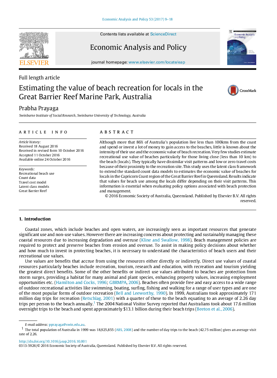 Estimating the value of beach recreation for locals in the Great Barrier Reef Marine Park, Australia