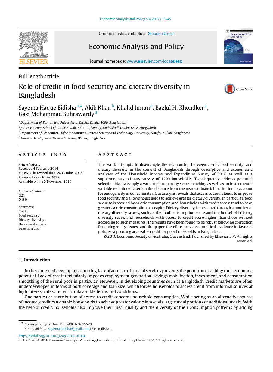 Role of credit in food security and dietary diversity in Bangladesh