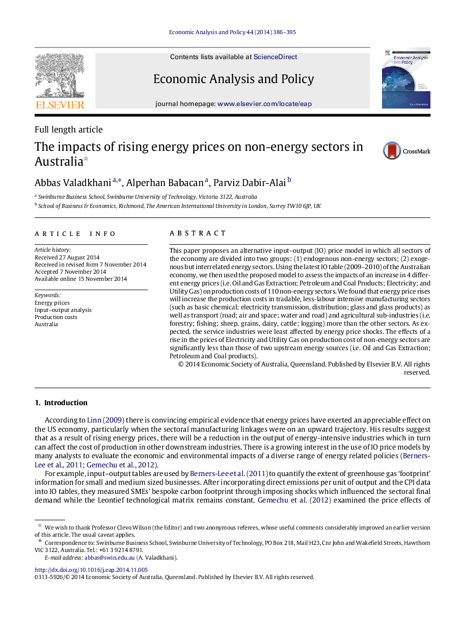 The impacts of rising energy prices on non-energy sectors in Australia