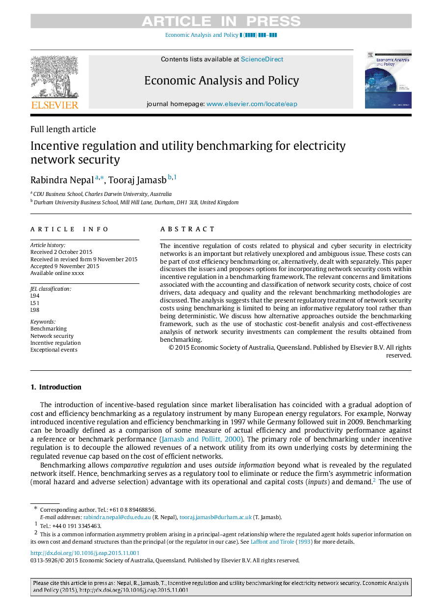 Incentive regulation and utility benchmarking for electricity network security