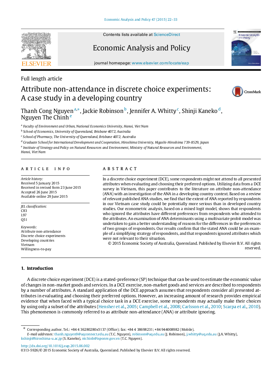 Attribute non-attendance in discrete choice experiments: A case study in a developing country