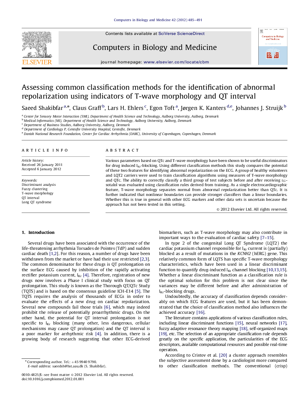 Assessing common classification methods for the identification of abnormal repolarization using indicators of T-wave morphology and QT interval