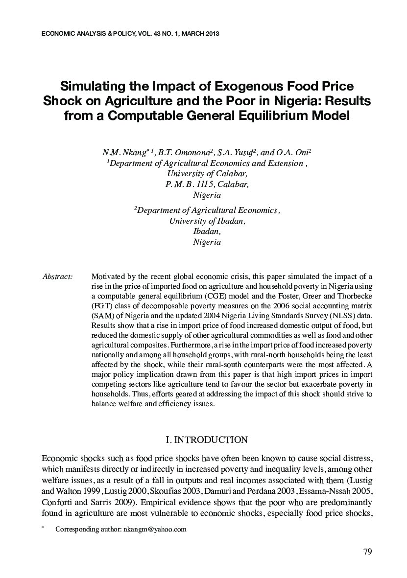 Simulating the Impact of Exogenous Food Price Shock on Agriculture and the Poor in Nigeria: Results from a Computable General Equilibrium Model