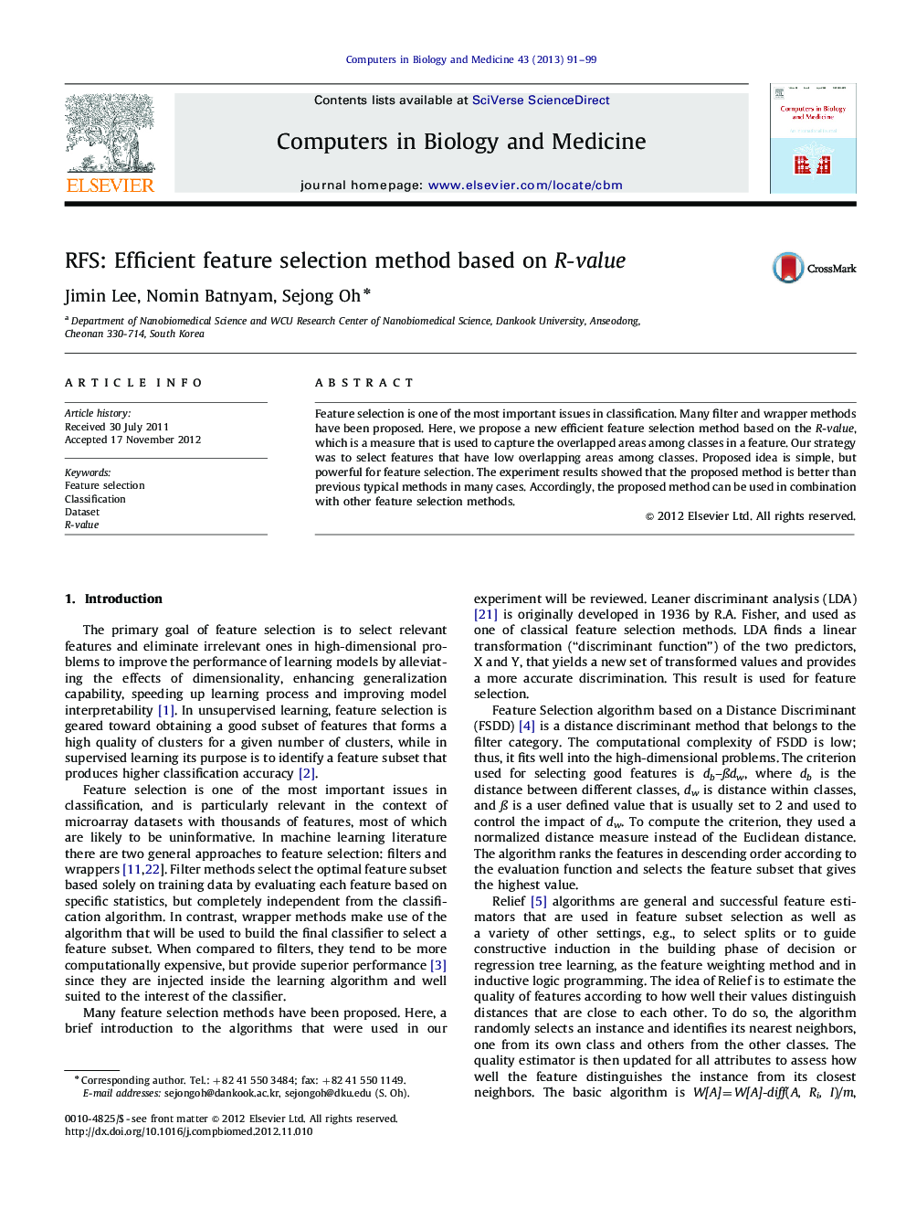 RFS: Efficient feature selection method based on R-value