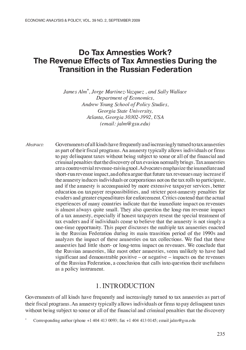 Do Tax Amnesties Work? The Revenue Effects of Tax Amnesties During the Transition in the Russian Federation
