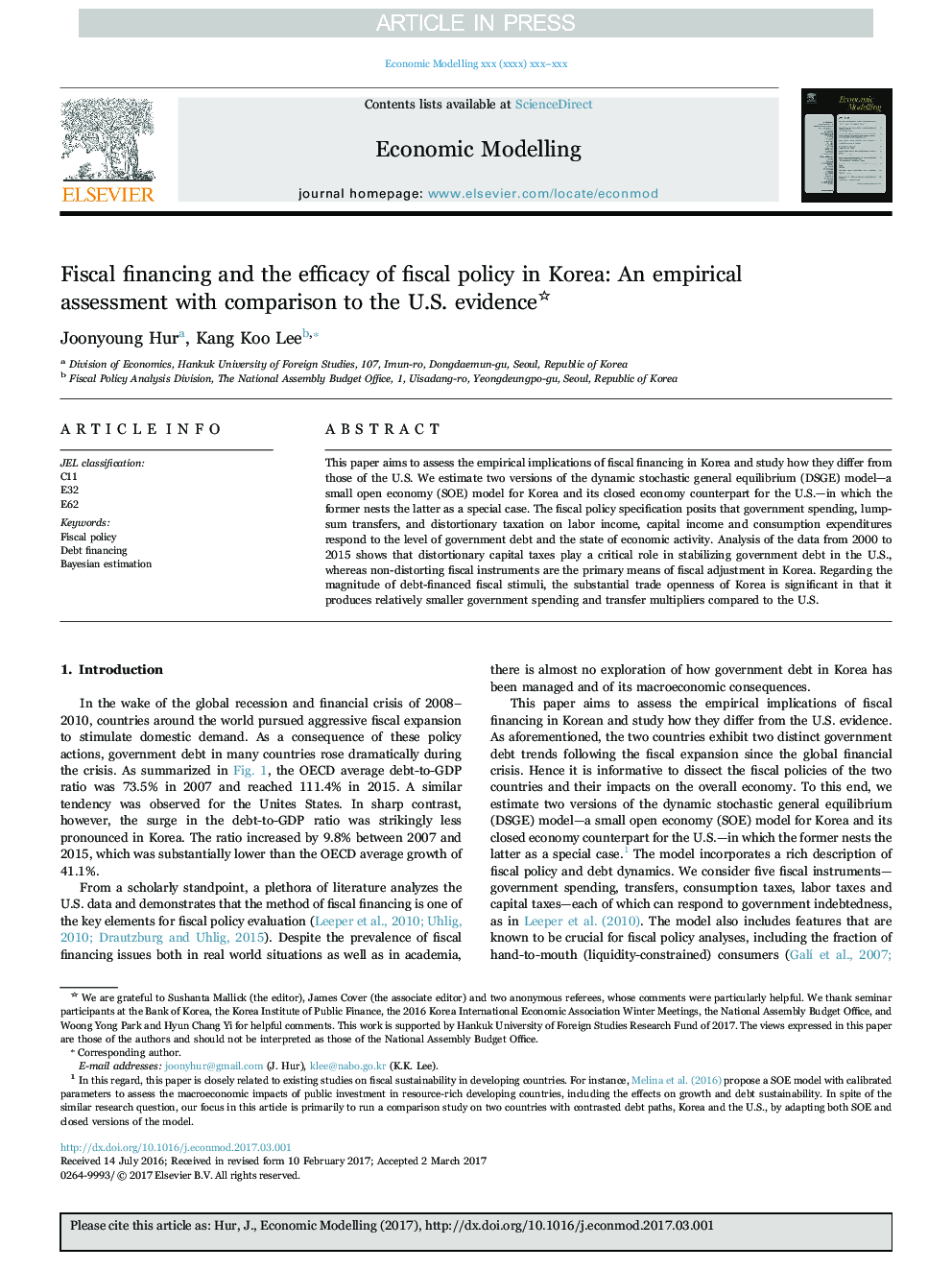 Fiscal financing and the efficacy of fiscal policy in Korea: An empirical assessment with comparison to the U.S. evidence