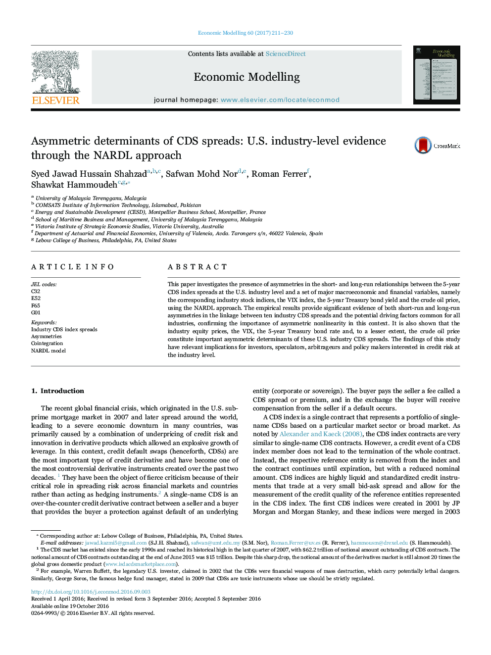 Asymmetric determinants of CDS spreads: U.S. industry-level evidence through the NARDL approach