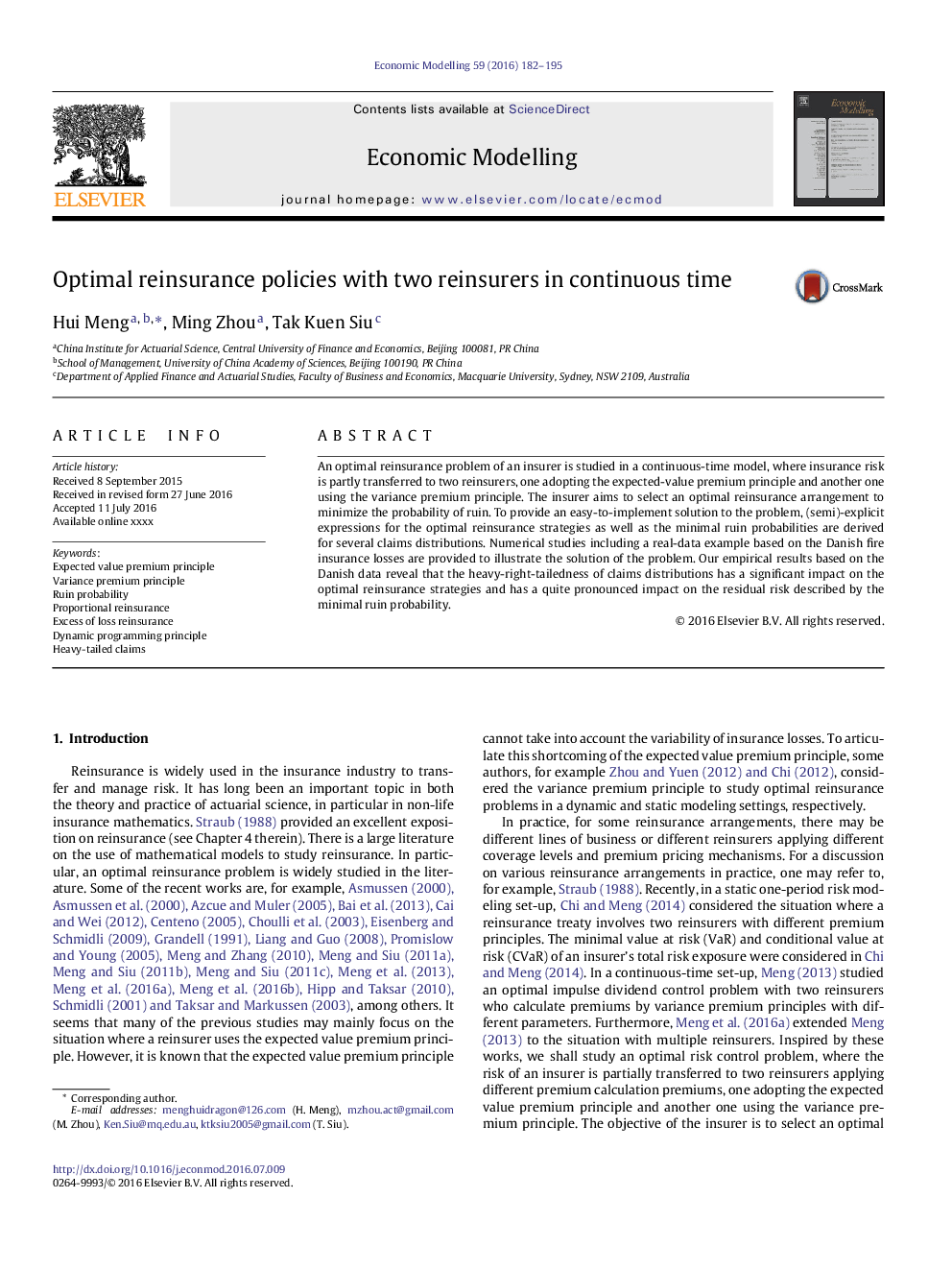 Optimal reinsurance policies with two reinsurers in continuous time