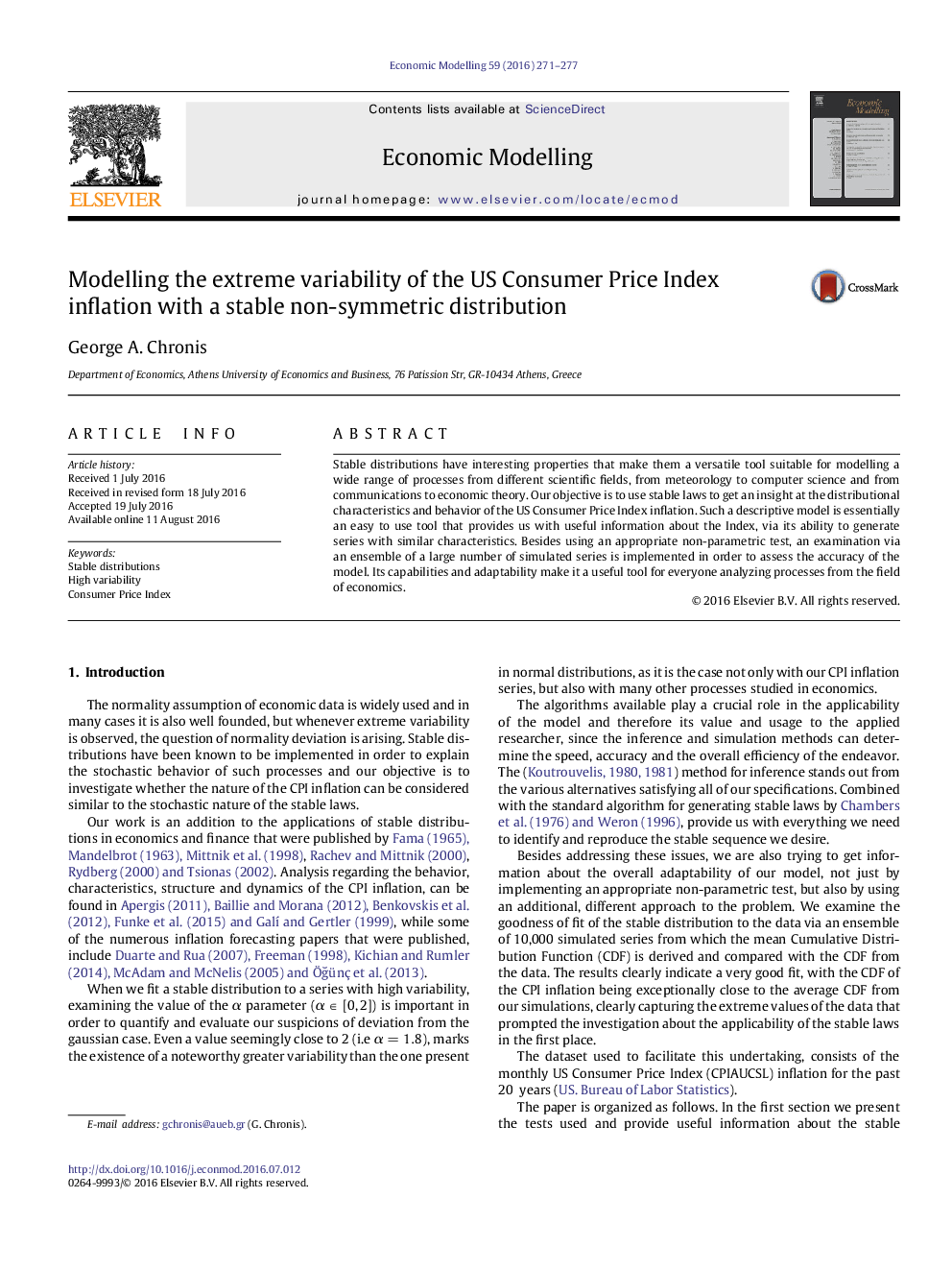 Modelling the extreme variability of the US Consumer Price Index inflation with a stable non-symmetric distribution