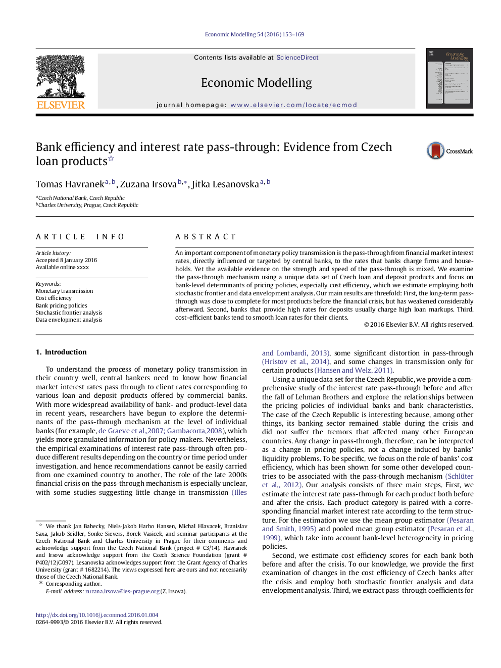 Bank efficiency and interest rate pass-through: Evidence from Czech loan products