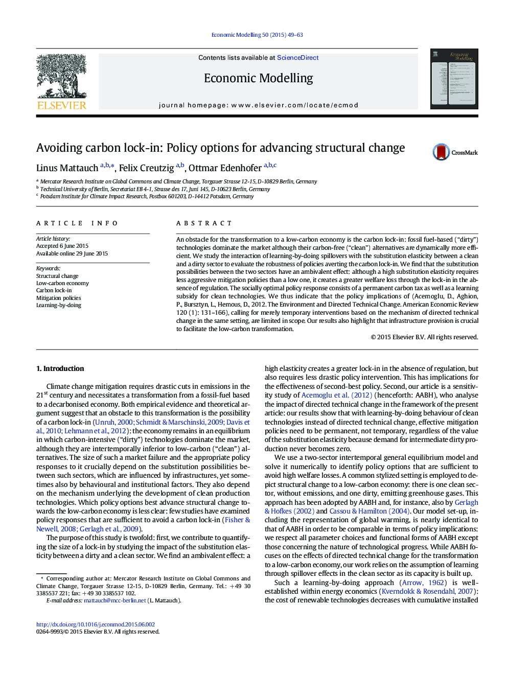 Avoiding carbon lock-in: Policy options for advancing structural change