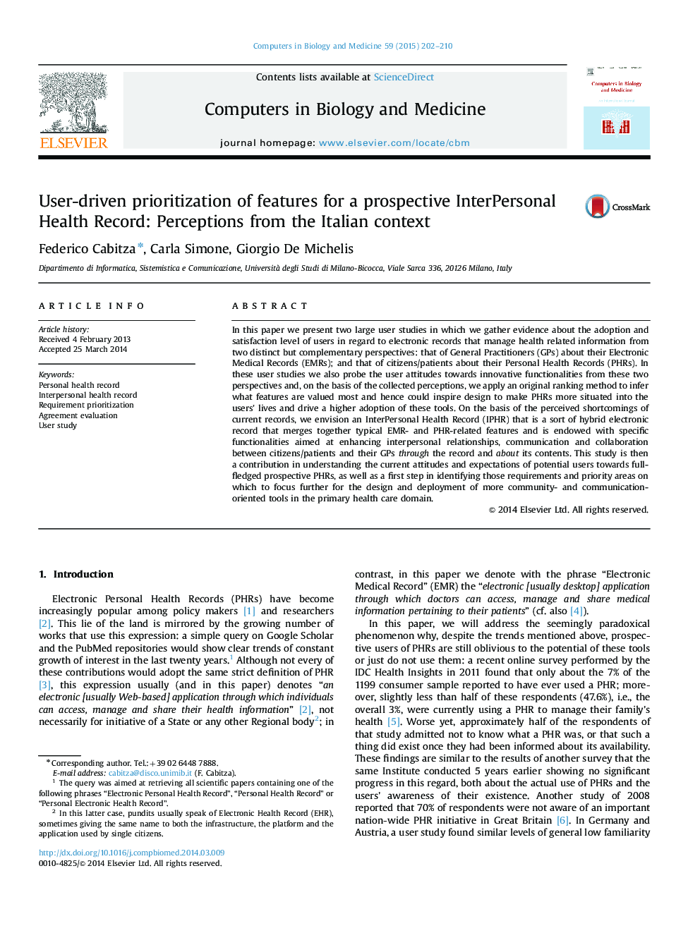 User-driven prioritization of features for a prospective InterPersonal Health Record: Perceptions from the Italian context