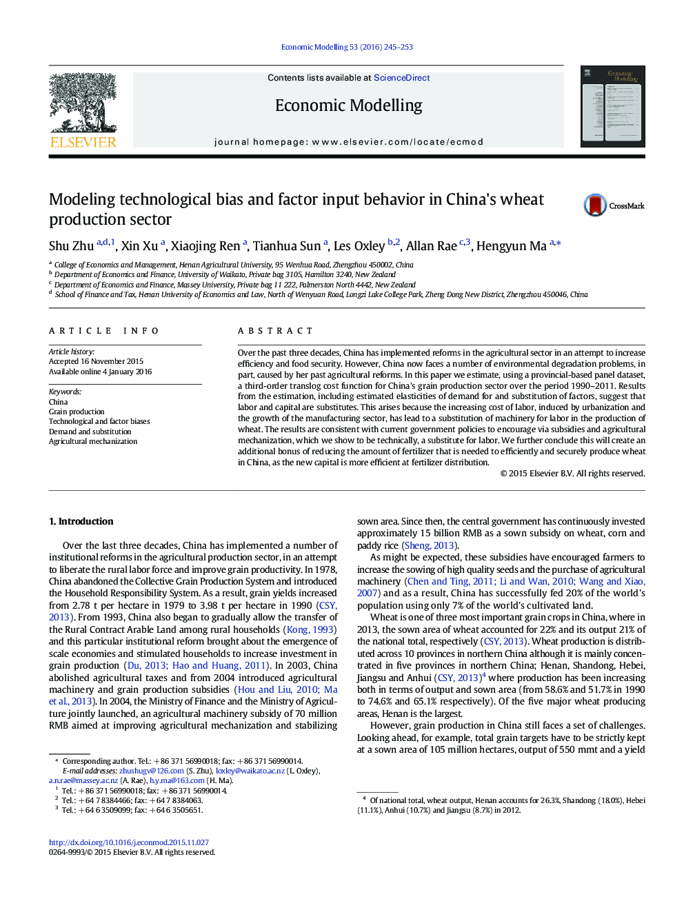 Modeling technological bias and factor input behavior in China's wheat production sector