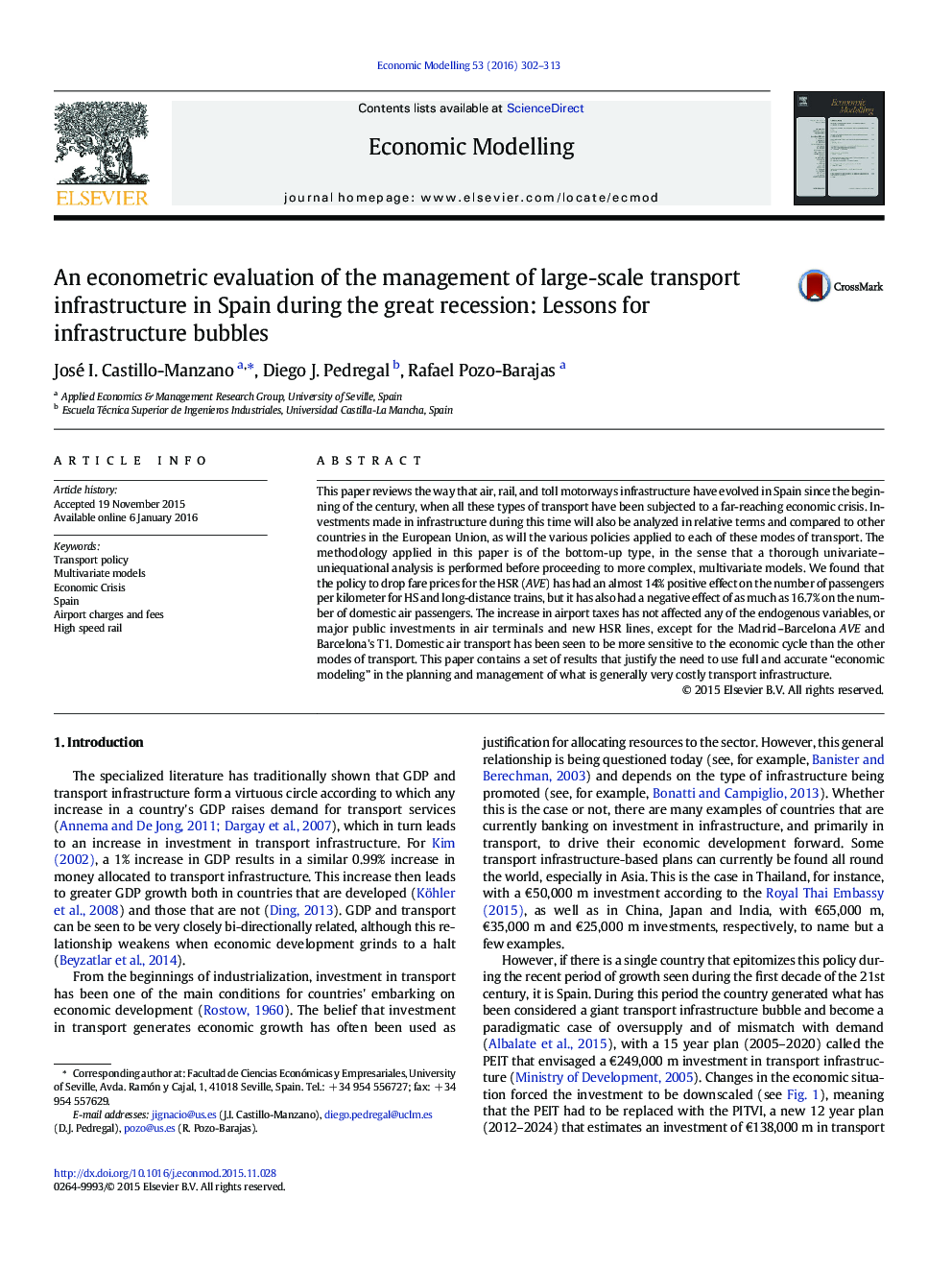 An econometric evaluation of the management of large-scale transport infrastructure in Spain during the great recession: Lessons for infrastructure bubbles