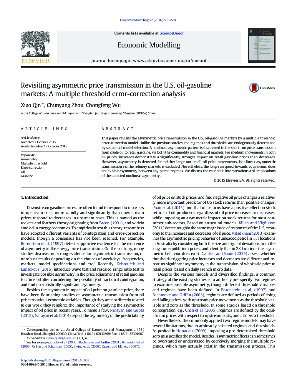 Revisiting asymmetric price transmission in the U.S. oil-gasoline markets: A multiple threshold error-correction analysis