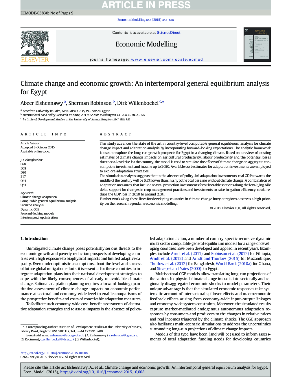 Climate change and economic growth: An intertemporal general equilibrium analysis for Egypt