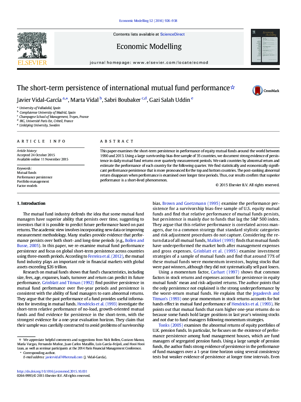 The short-term persistence of international mutual fund performance