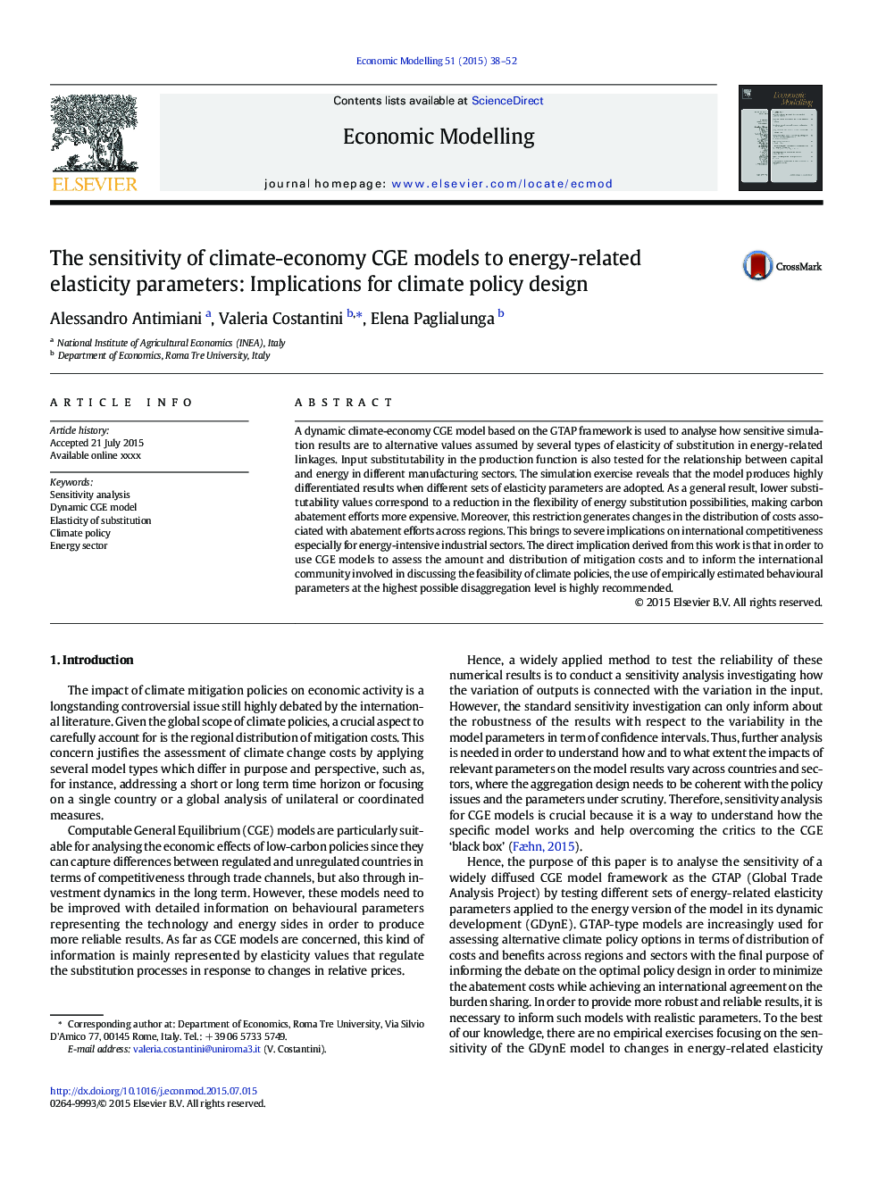 The sensitivity of climate-economy CGE models to energy-related elasticity parameters: Implications for climate policy design
