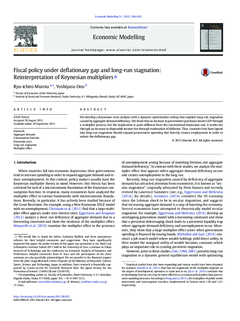 Fiscal policy under deflationary gap and long-run stagnation: Reinterpretation of Keynesian multipliers