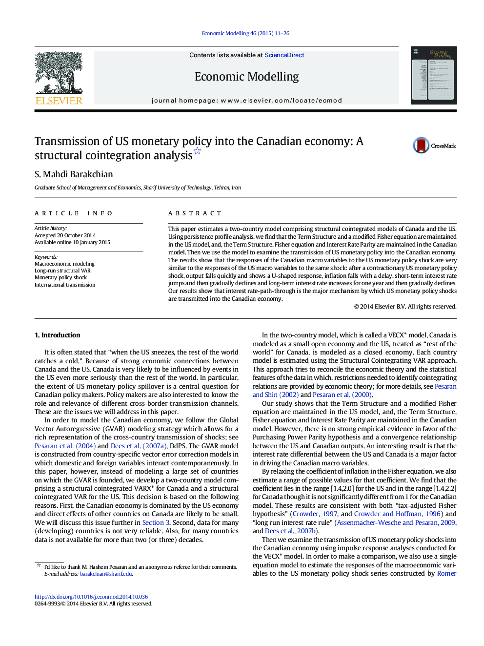 Transmission of US monetary policy into the Canadian economy: A structural cointegration analysis