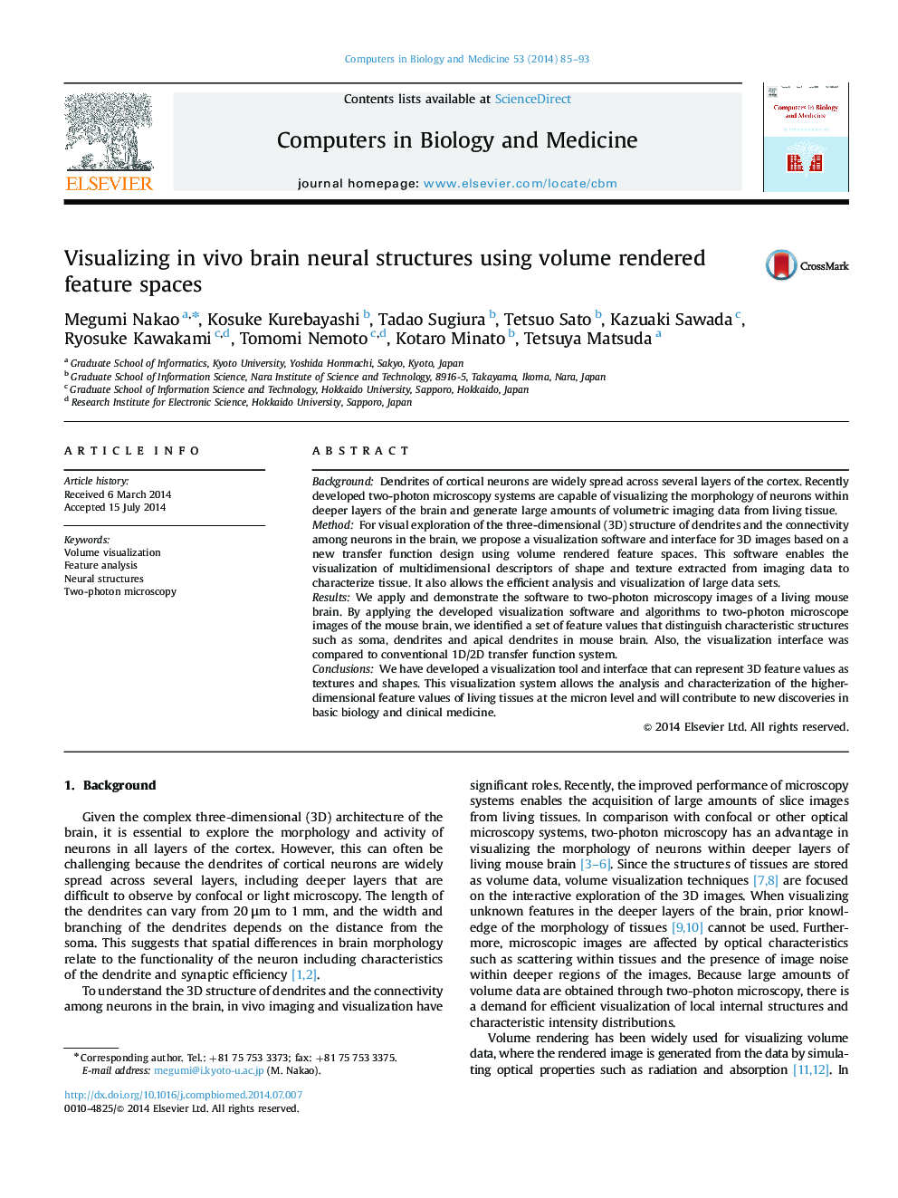 Visualizing in vivo brain neural structures using volume rendered feature spaces