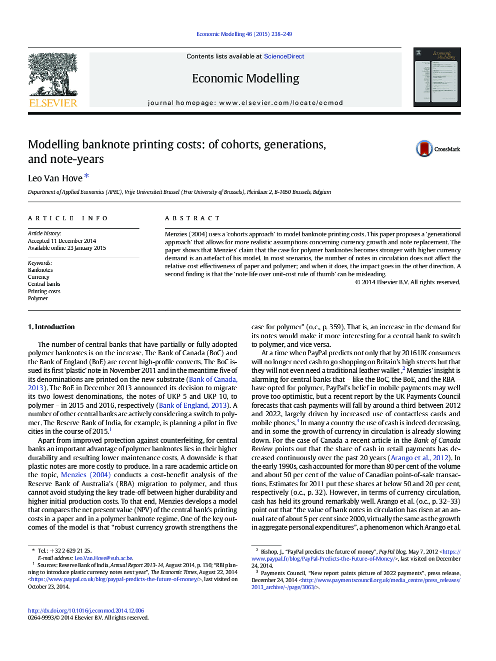 Modelling banknote printing costs: of cohorts, generations, and note-years