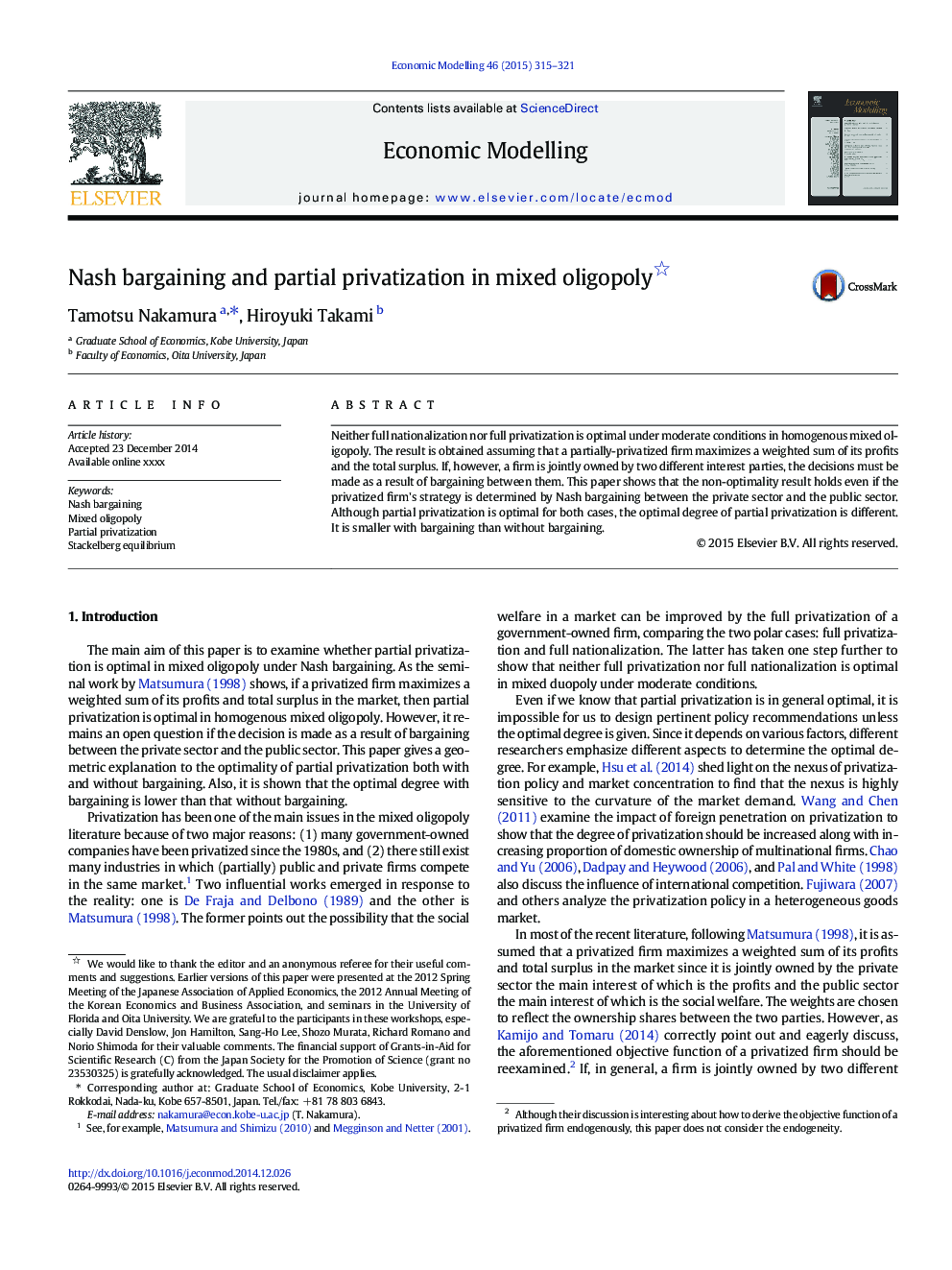 عکس صفحه اول مقاله: Nash bargaining and partial privatization in mixed oligopoly Nash bargaining and partial privatization in mixed oligopoly