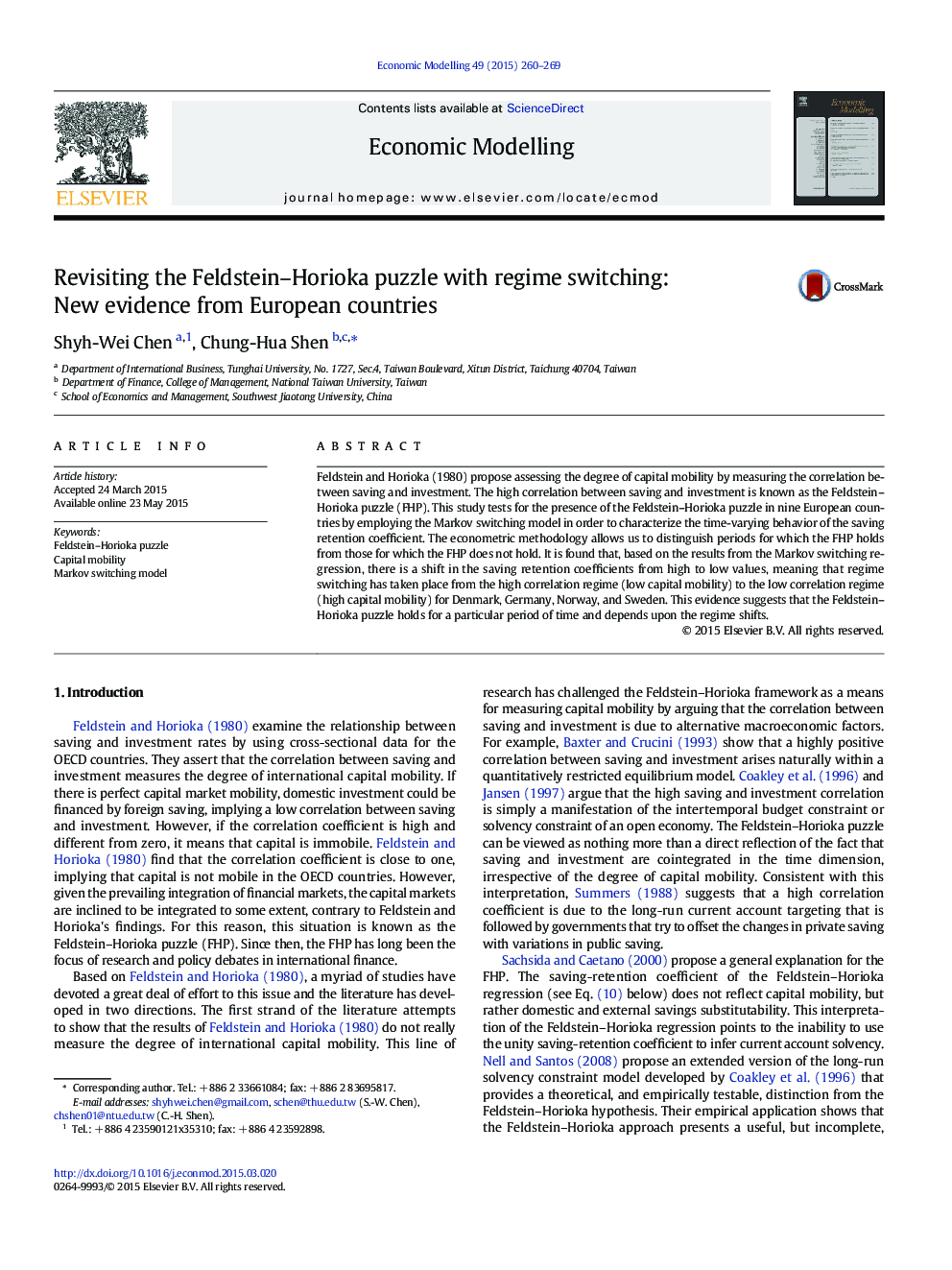 Revisiting the Feldstein-Horioka puzzle with regime switching: New evidence from European countries