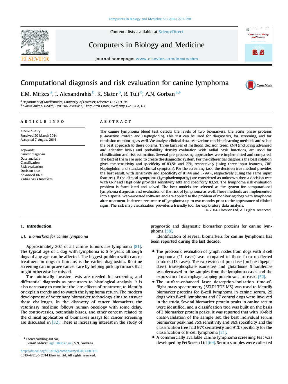 Computational diagnosis and risk evaluation for canine lymphoma