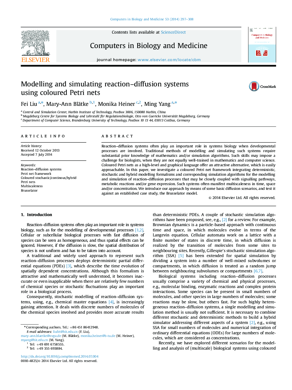 Modelling and simulating reaction–diffusion systems using coloured Petri nets