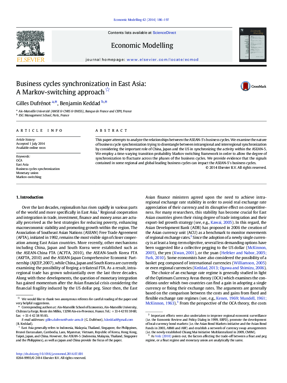 Business cycles synchronization in East Asia: A Markov-switching approach