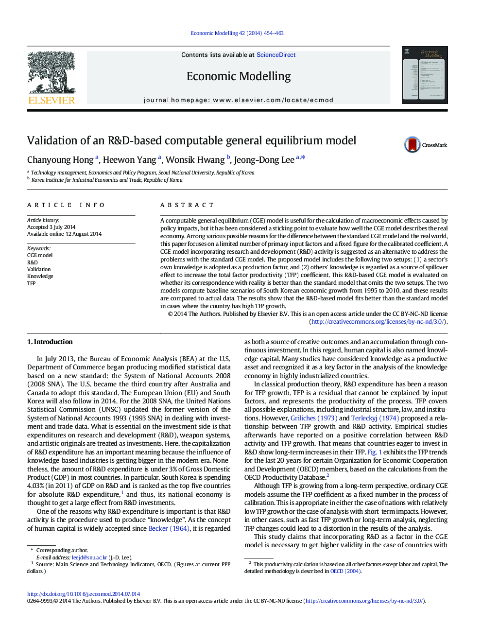 Validation of an R&D-based computable general equilibrium model