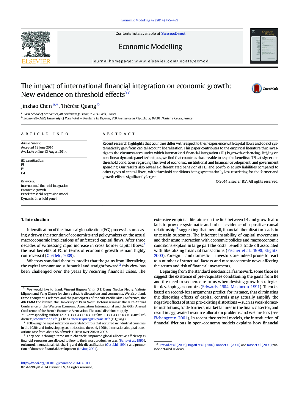 The impact of international financial integration on economic growth: New evidence on threshold effects