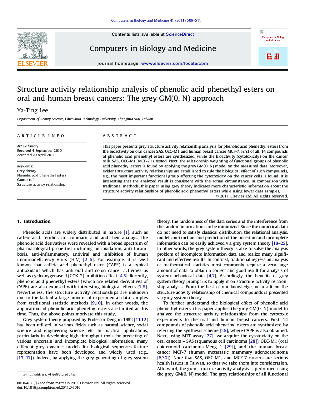 Structure activity relationship analysis of phenolic acid phenethyl esters on oral and human breast cancers: The grey GM(0, N) approach