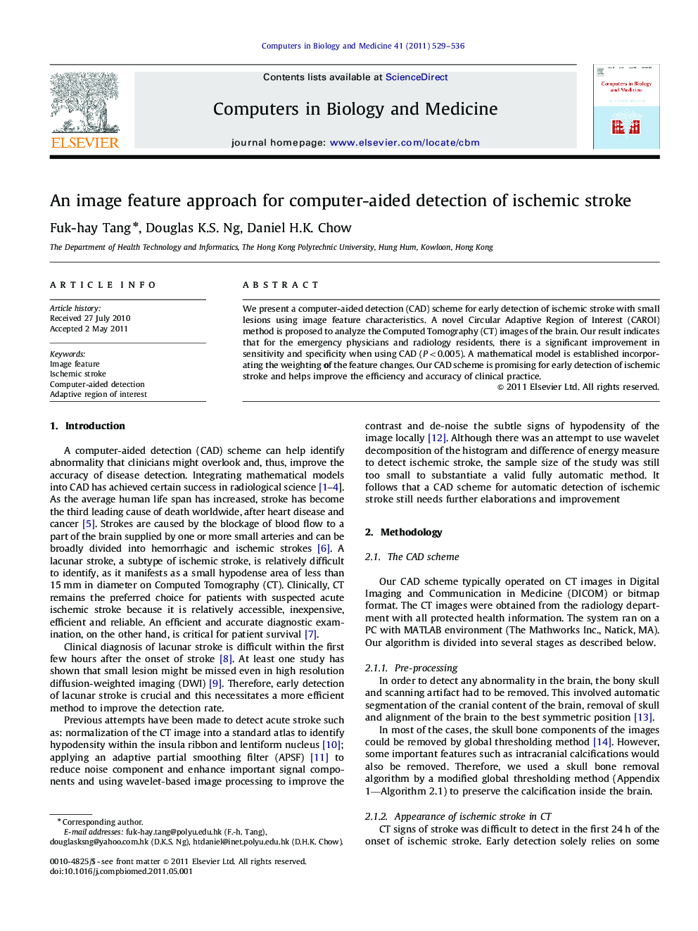 An image feature approach for computer-aided detection of ischemic stroke