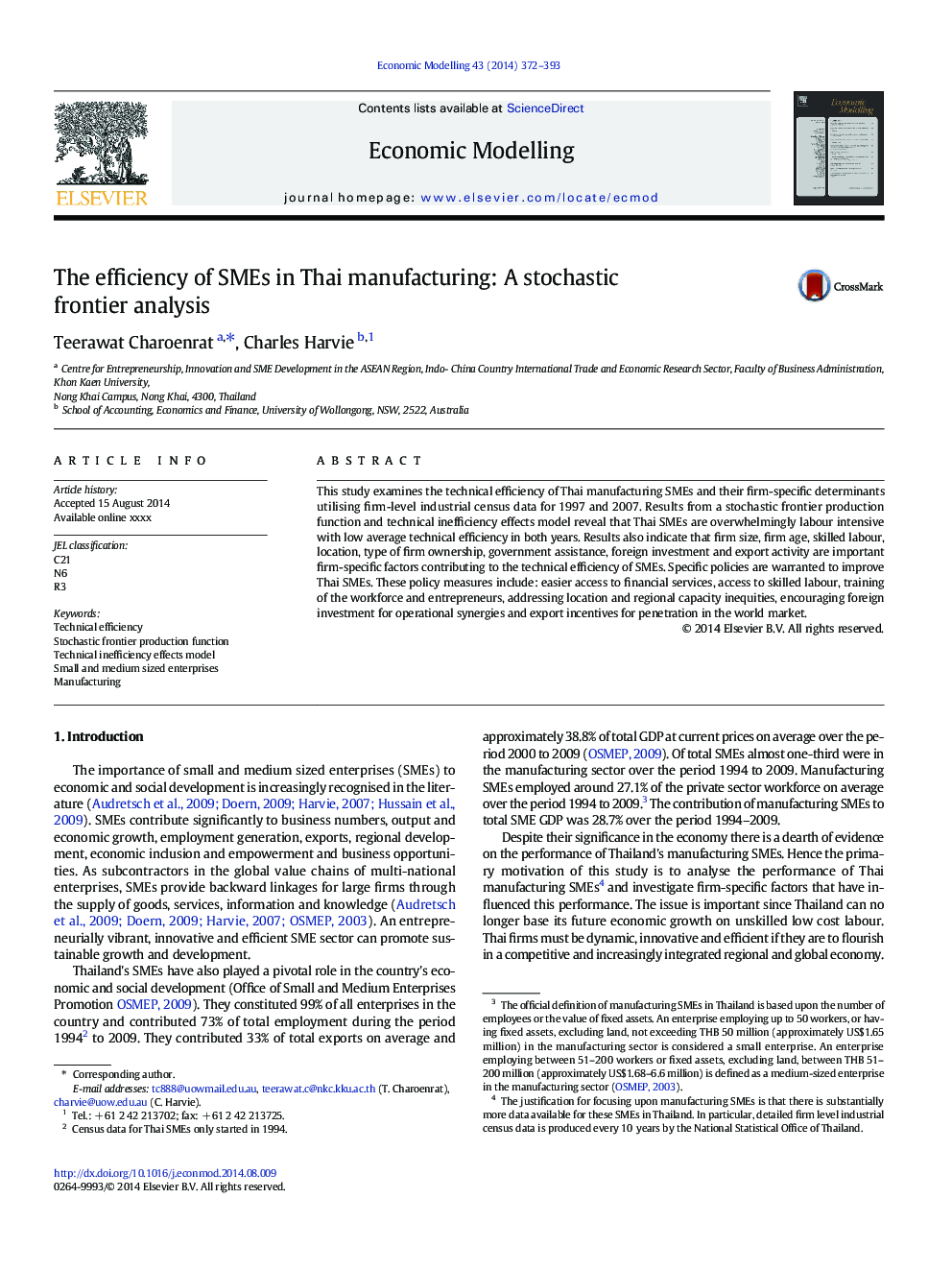 The efficiency of SMEs in Thai manufacturing: A stochastic frontier analysis